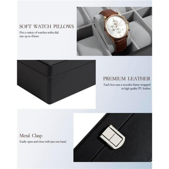 GUKA Watch Box 12 Slot Display Case Glass Lid Leather Organizer Black Velvet - Picture 4 of 7